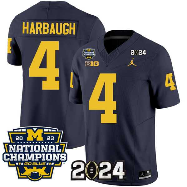 Mens Michigan Wolverines #4 Jim Harbaugh Navy 2024 F.U.S.E. With 2023 National Champions Patch Stitched Jersey